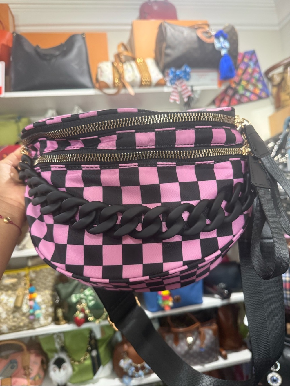 BUM BAG Pink and Black Checker Crossbody Bag with Matte Chain Accent